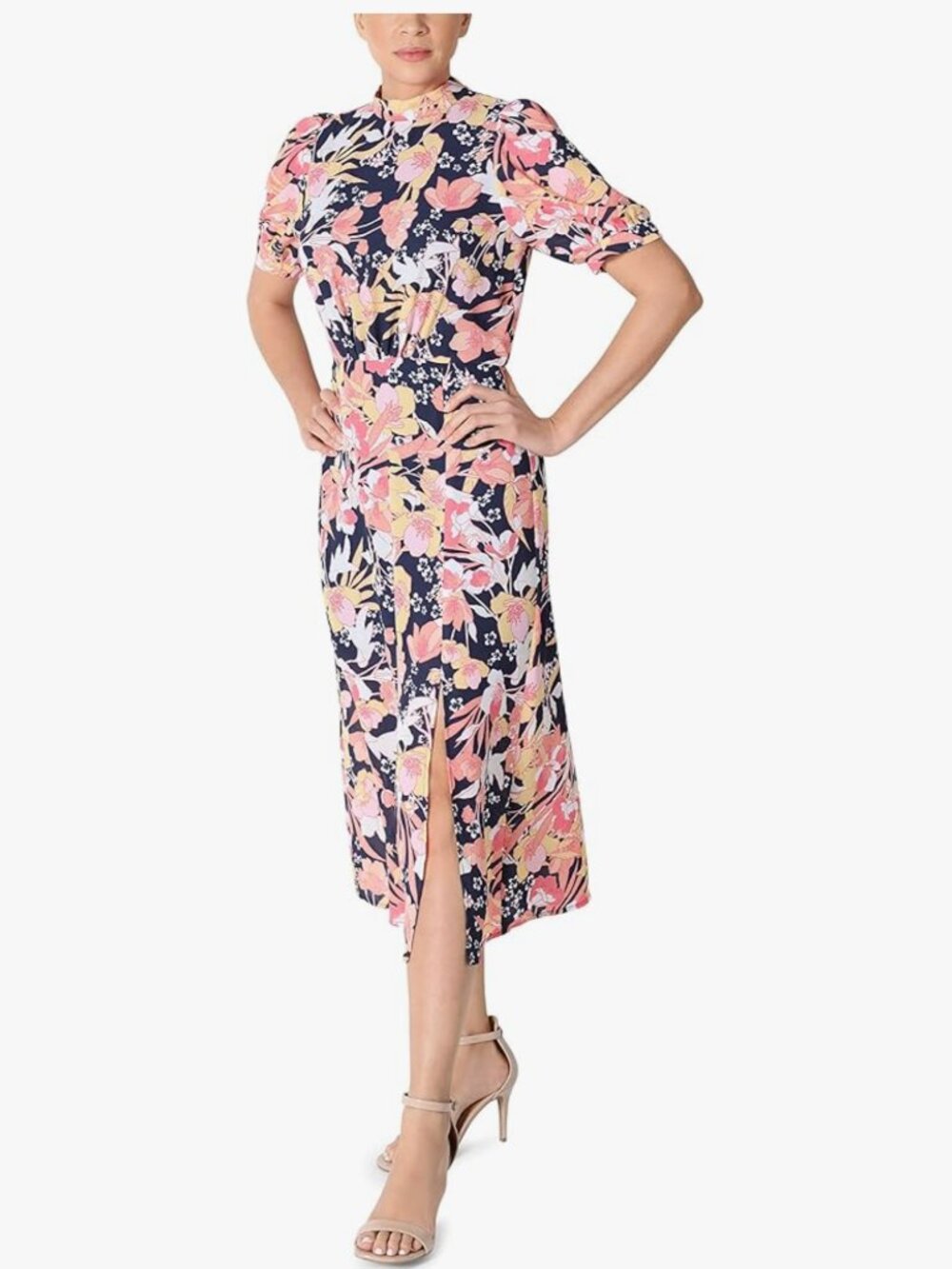 Julia Jordan Puff Sleeve Midi Dress Floral High Mock Neck Size 8
